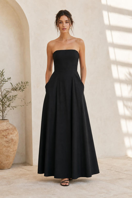 Vestido Vela en negro, largo palabra de honor con las manos en los bolsillos
