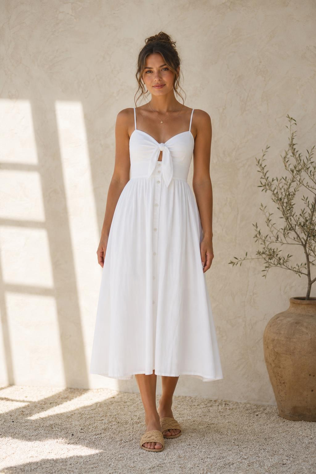 Vestido Bruma en blanco, midi de tirantes con lazada y botones frontales