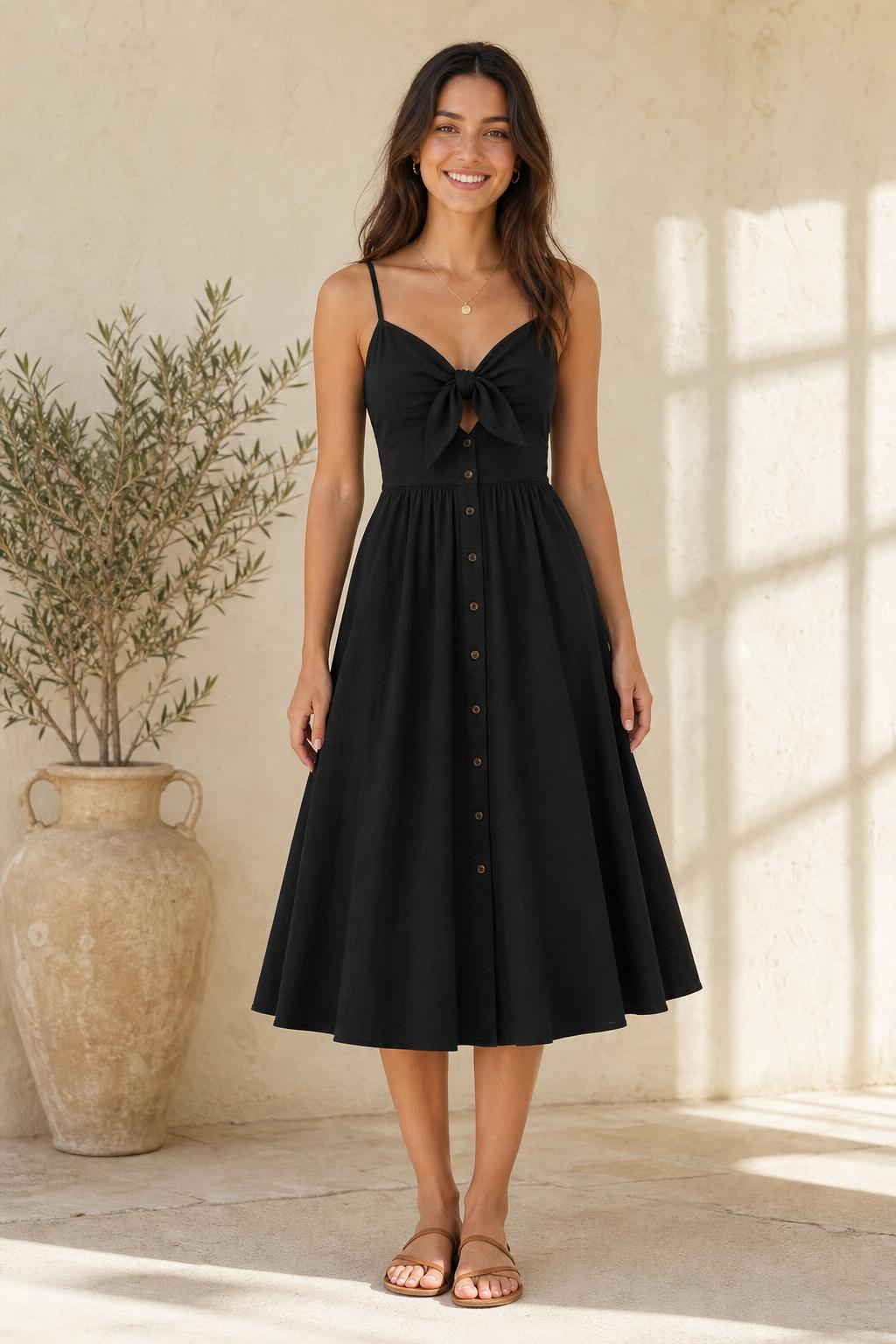 Vestido Bruma en negro, midi de tirantes con lazada en el pecho