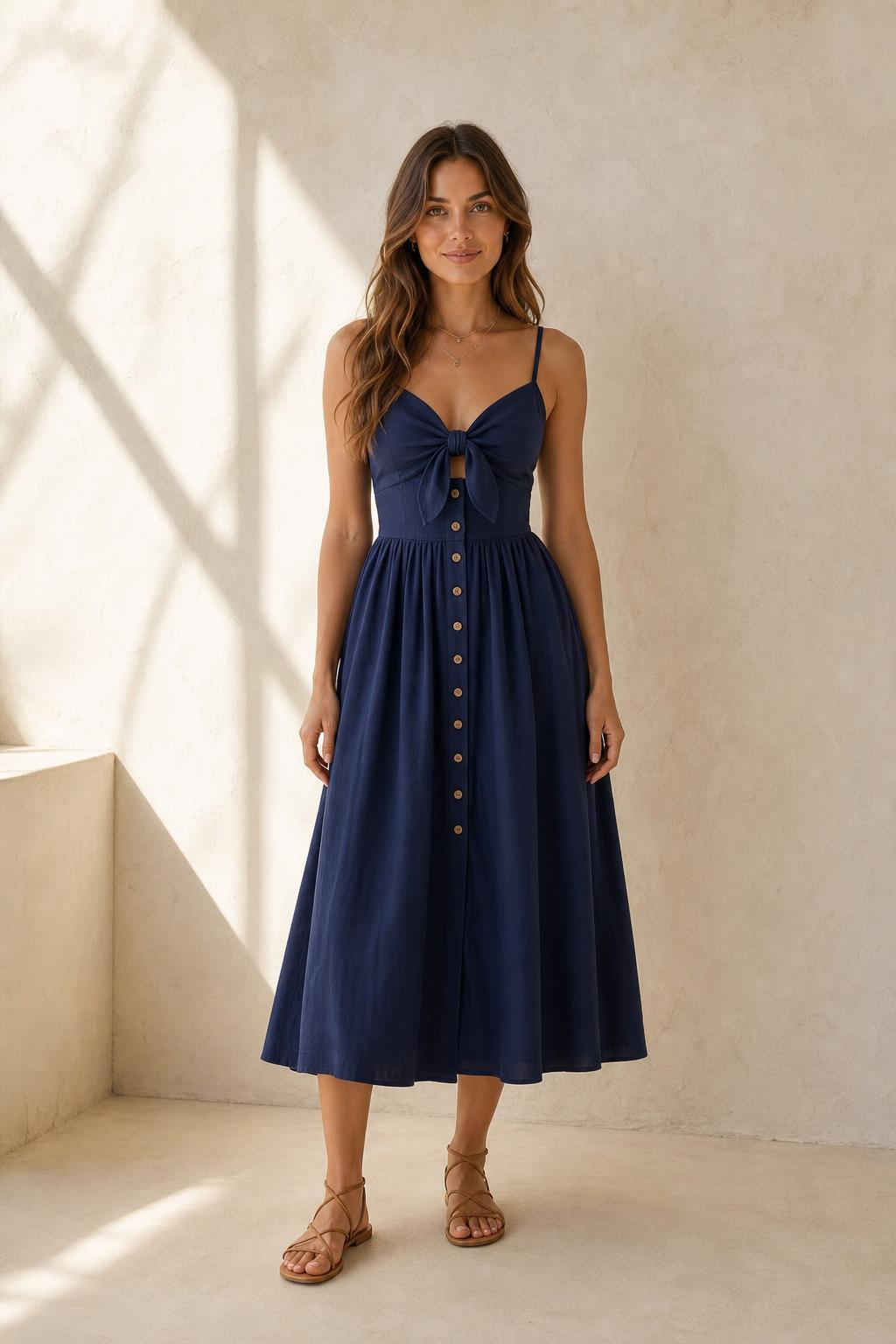 Vestido Bruma en azul, midi de tirantes con falda de vuelo